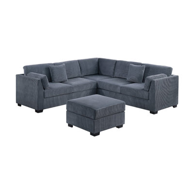 L-Sectional RAF/LAF One Arm-Loveseat Corner Wedge Cocktail Ottoman Dark Gray Corduroy Upholstered Pillows 4Pc Sectional Sofa Set
