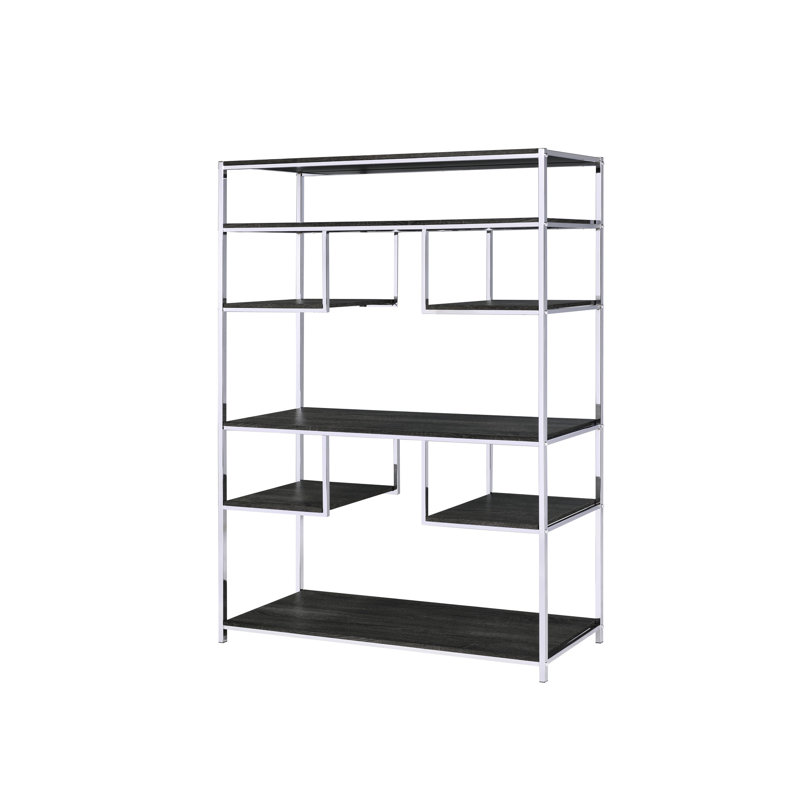 Rectangular Gray Oak Bookshelf With Modern Metal Structure Spacious Rustic Accents