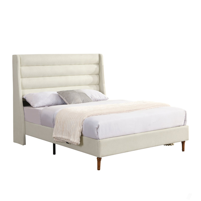 Lit plateforme tapissier avec tête de lit haute et tête de lit ondulée, tissu chenille de qualité supérieure, lit plateforme minimaliste moderne