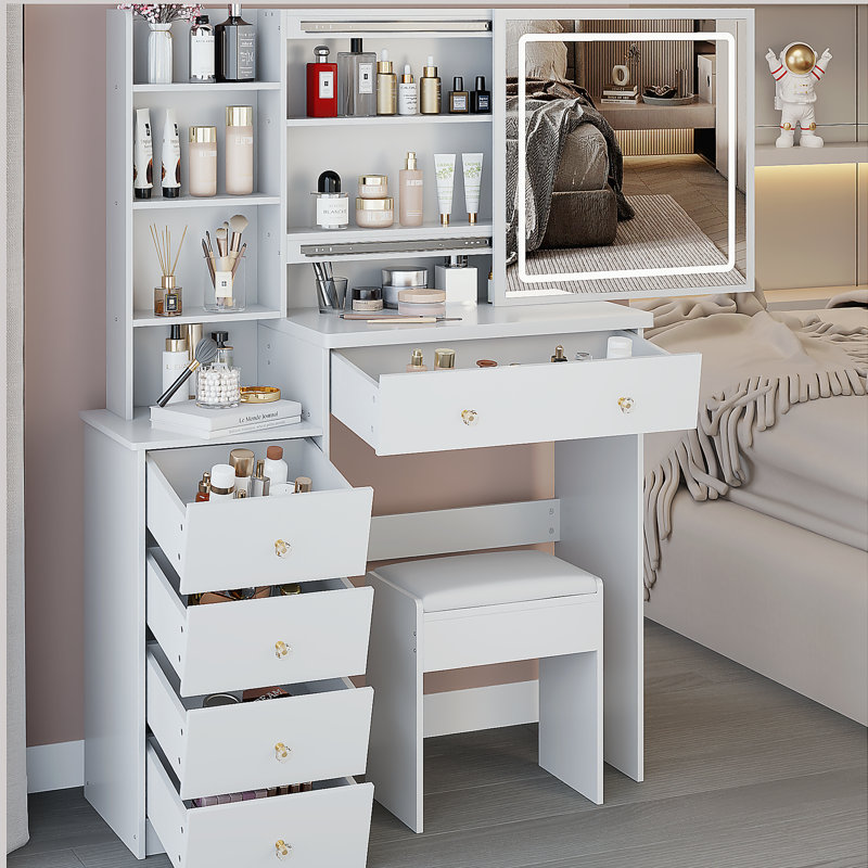Meuble-lavabo de 37 po avec tabouret de chevet de taille moyenne 37 po + tabouret rembourré, grande commande tactile, interrupteur tricolore, miroir à luminosité réglable, rangement à grande capacité, convient aux espaces moyens