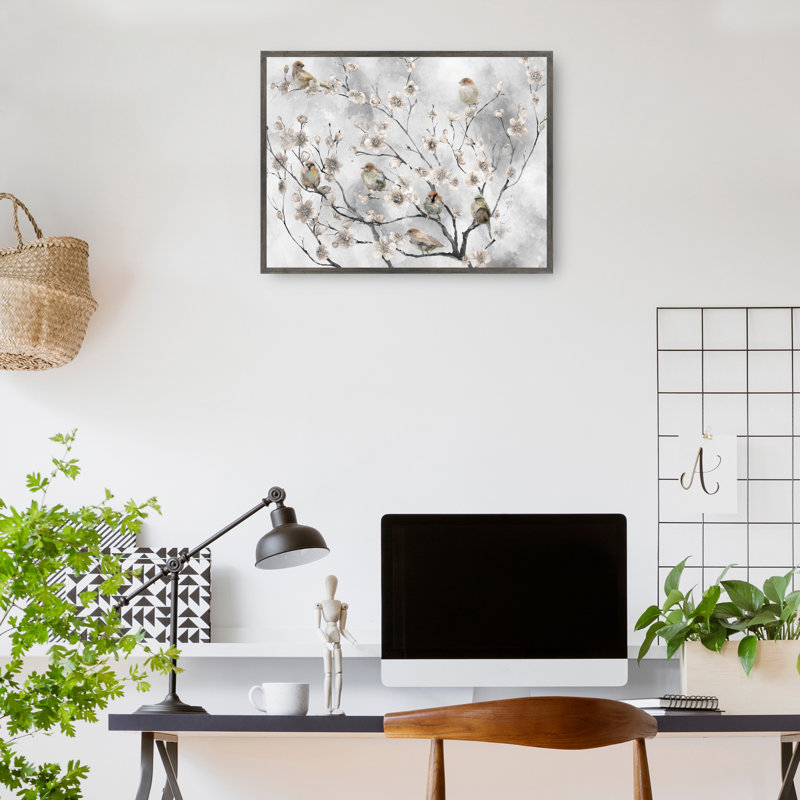 «Cherry Blossom Birds» par Studio Arts, reproduction d'art sur toile, Cadre couleur acier, H 43 po x l 57 po