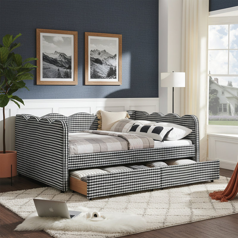 Cozy Gingham Daybed with Two Storage Drawers, USB Port, and Adorable Wave Shaped Linen Fabric, Full, Black