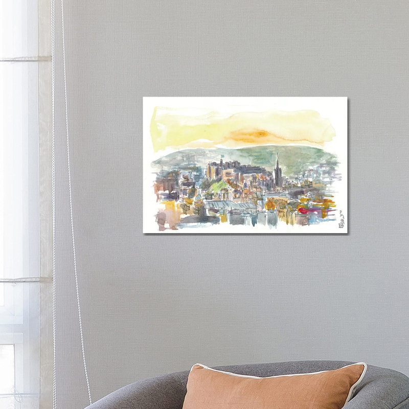 Edinburgh Scotland Street Scene With Castle At Sunset by Markus & Martina Bleichner - Wrapped Canvas Print