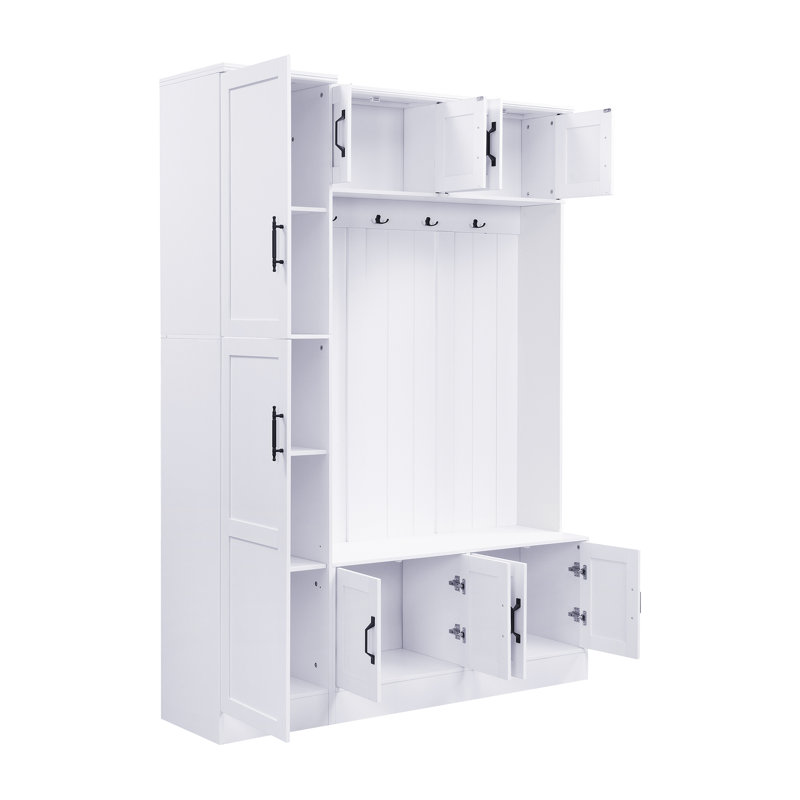 79'' Tall Modern Hall Tree With Bench And Shoe Storage, 4-In-1 Entryway Coat Rack With 6 Cabinets, Adjustable Shelves & 4 Hooks, White