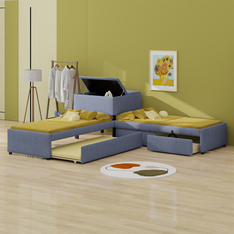 L-Shaped Upholstered Platform Bed With Trundle And Two Drawers Linked With Desk
