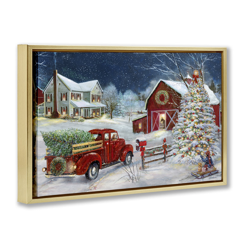 «Snowy Winter Farmhouse» par Ruane Manning, Cadre flottant métallique doré, H 17 po x l 25 po