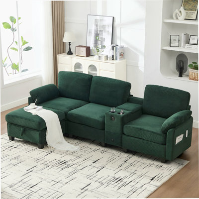 L-Type Multifunctional Corduroy Sofa With 4-Seater Segmented Design, Cup Holder, USB Interface, Storage Box, Movable Console And Ottoman Storage