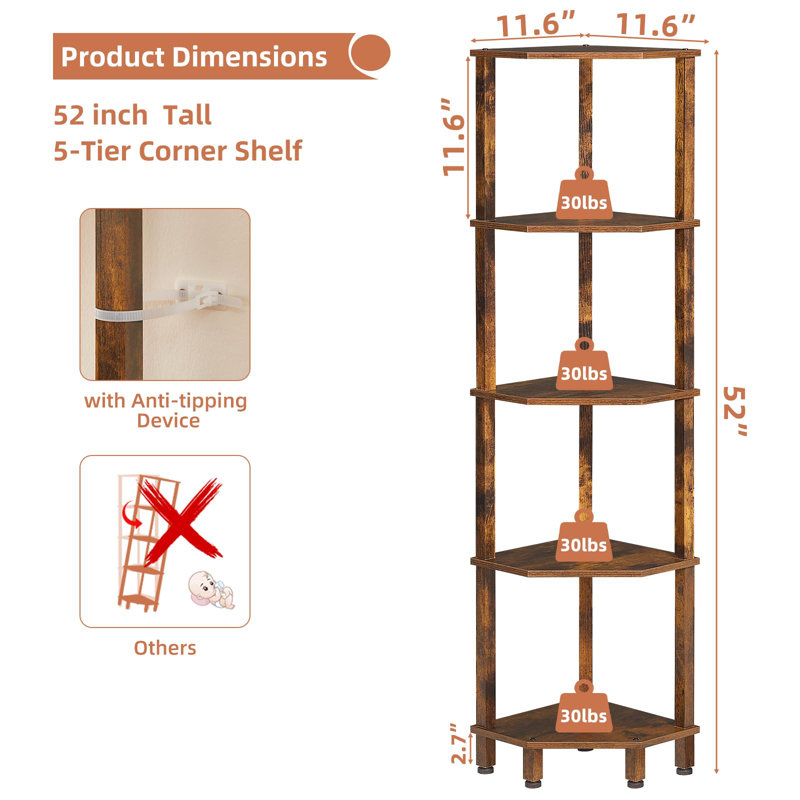 5-Tier Corner Shelf with Sturdy 5-Leg Base, Wooden Corner Bookshelf for Small Spaces, Wooden Plant Display Shelf, Thin Bookshelf for Living Room, Bedroom, Office (Brown)