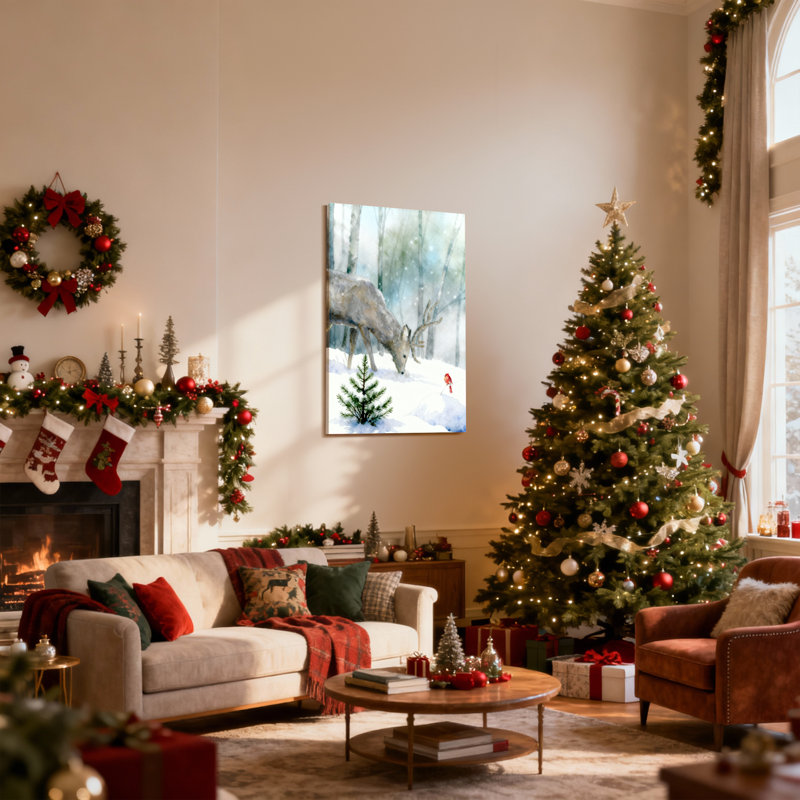 «Christmas Winter Deer Forest Snow Cardinal Tree», ensemble de 3 impressions d'art sur toile, H 18 po x l 12 po