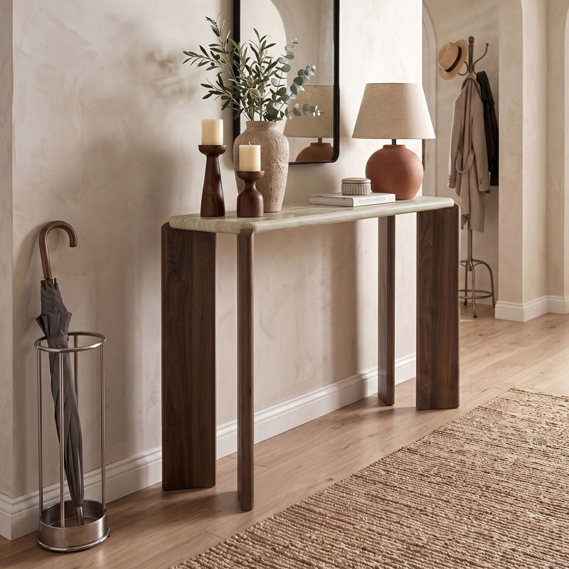 Table console Élodie 39 po L aspect travertin, Beige et noyer