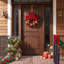 Holiday Wreath with Red and Gold Leaves, Ornaments, Pinecones and Velvet Bows