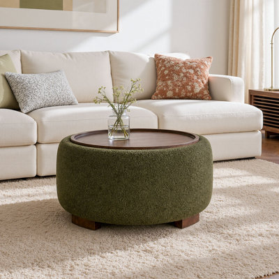 30" Upholstered Round Ottoman with Storage And Wooden Tray，Green