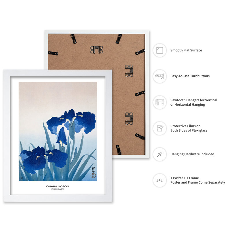 Ohara Koson - fleur d'iris, H 16 po x l 20 po, Affiche, Encadrement blanc