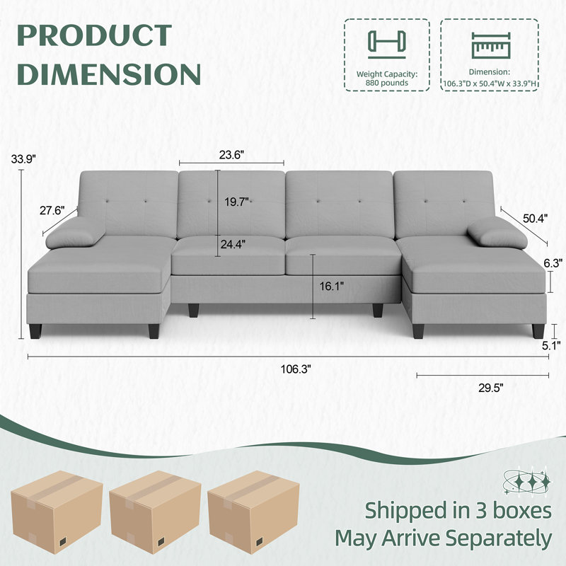 Canapé modulaire 3 pièces pour salon, Gris clair