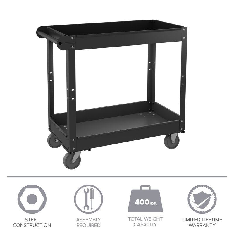 Black Steel 2-Shelf Utility Cart with Raised Lip