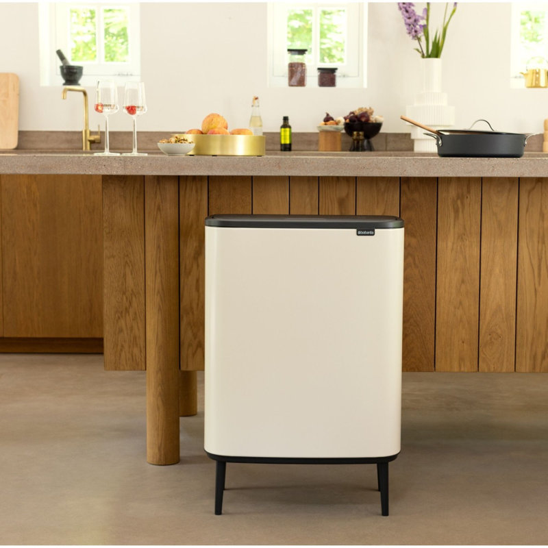 Brabantia Bo Hi Touch Top Dual Compartment Recycling Trash Can, 2 x 8 Gallon (16 Gallon Capacity), Soft Beige