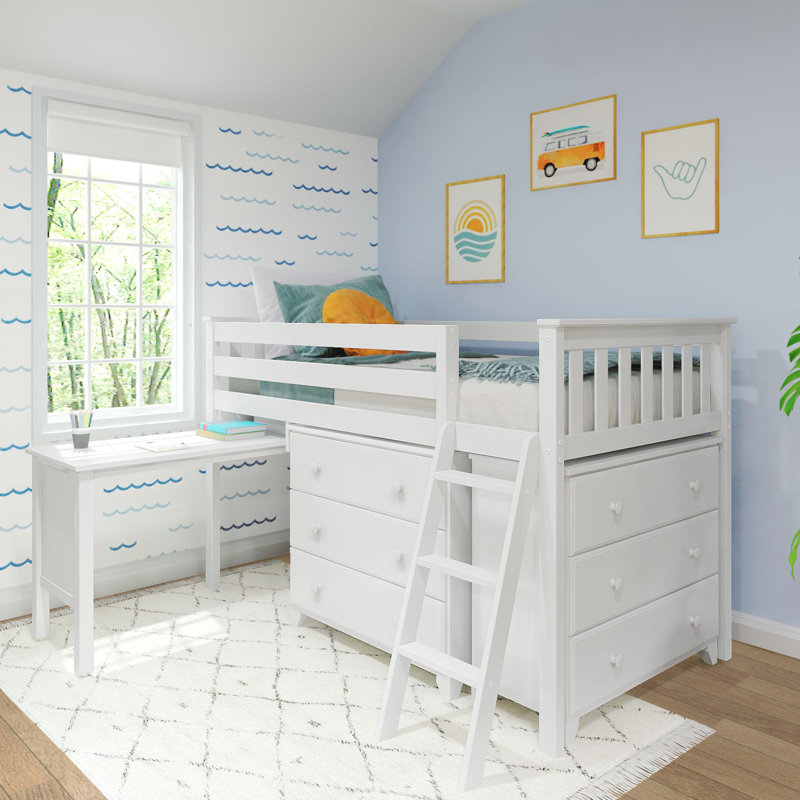 Lit mezzanine simple bas avec bureau et commodes Dylanne Kids, Blanc
