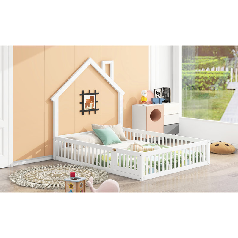 Lit de garde-corps double en bois blanc - Plateforme en forme de maison fonctionnelle avec taille, chaud