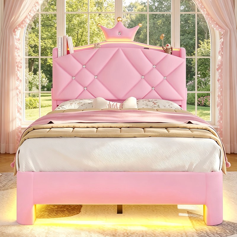 Lit plateforme tapissier en velours avec mobilier de chambre à coucher pour enfants Crown, Lit simple, Rose