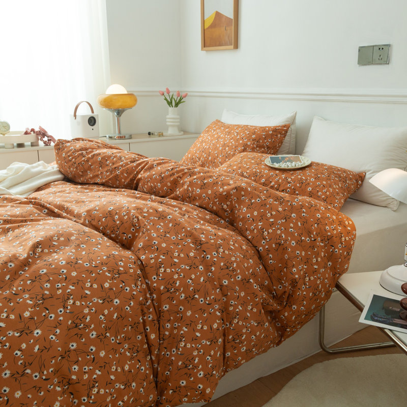 Cotton Floral Print Duvet Cover Set, Orange/Floral, Full Duvet Cover + 2 Full Pillowcases