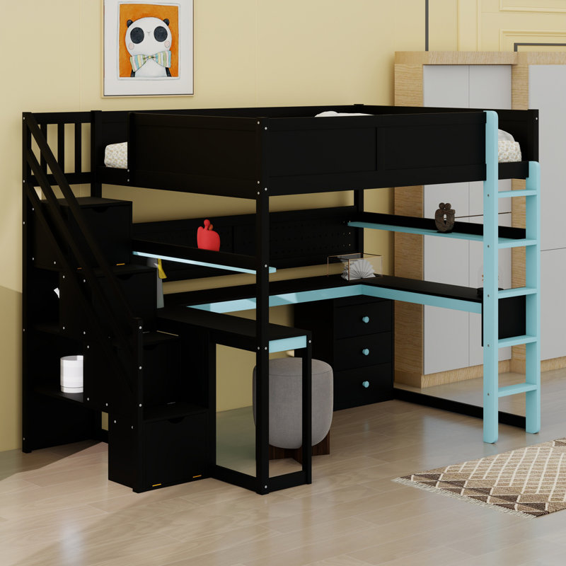 Lit mezzanine pour jouer avec escalier de rangement, bureau, tablettes et panneau perforé, Double, Noir / Bleu