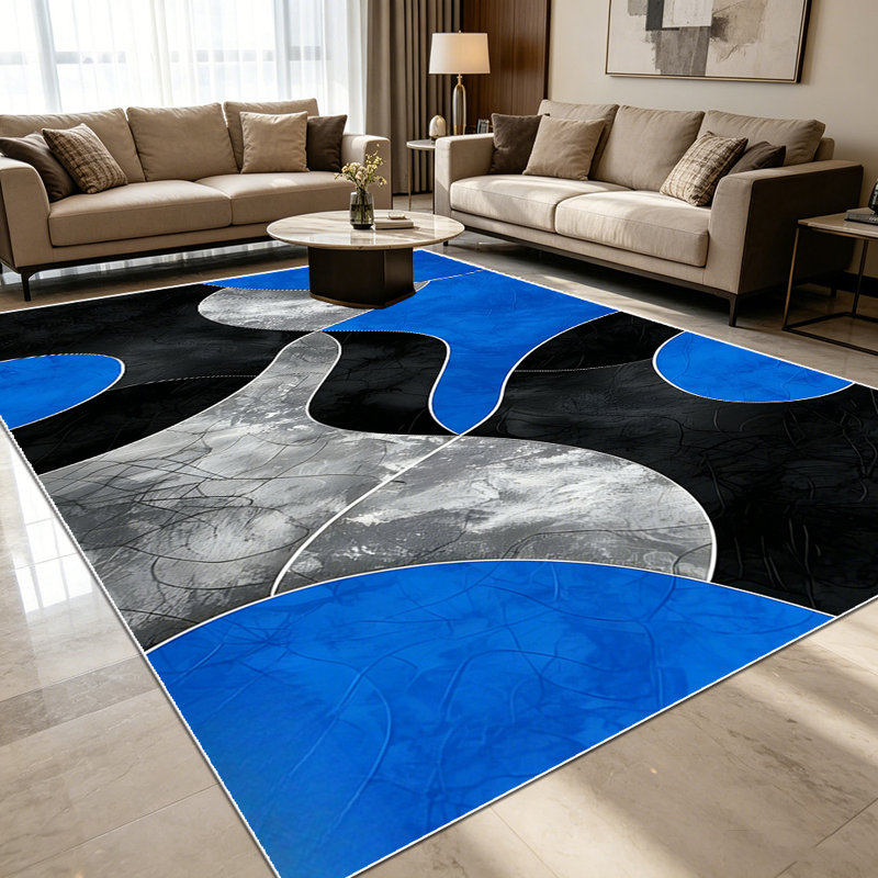 1PC Modern Abstract Wavy Irregular Blue Black Grey Contour Art area rugs for Living Room, Soft and Comfortable, Suitable for all seasons, easy-to-maintain, machine washable Indoor floor mat, Under Table Farmhouse suitable for living room, bedroom,