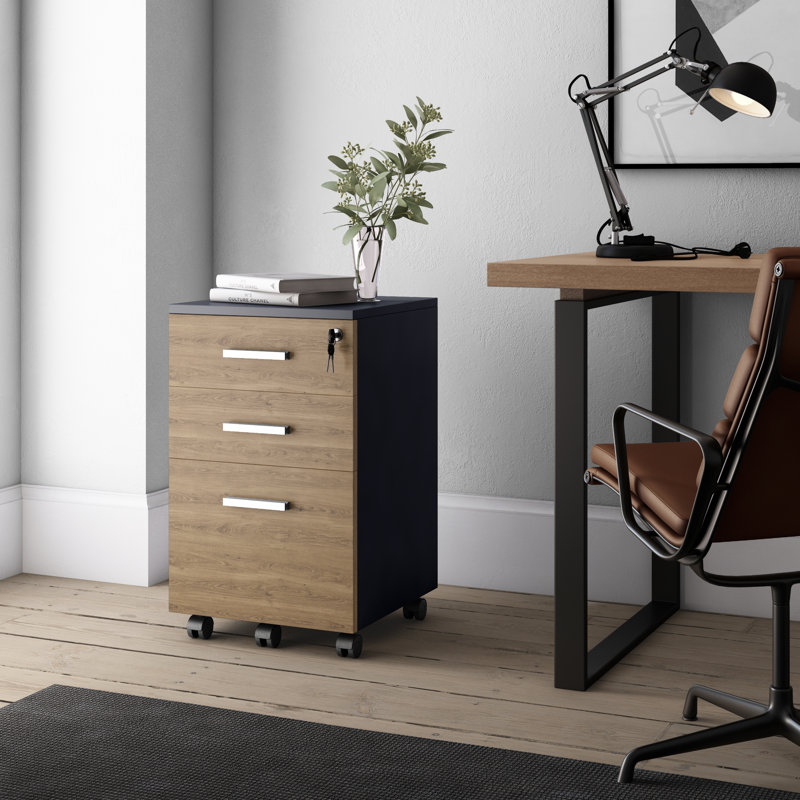 Galia Lazio Hanging File Cabinet W/ 3 Lockable Drawers & Wheels, Black/Walnut