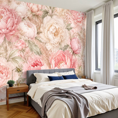 Papier peint adhésif pelez et collez, pivoine rose douce, aquarelle florale, élégance rétro, art mural, adhésif et amovible