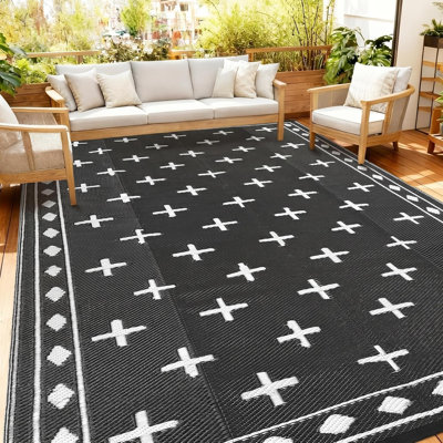 9x12ft Black & White 320GSM PP Woven Reversible Outdoor Patio Rug, Waterproof Foldable Portable Floor Rug With Storage Bag For RV Camping Beach Backyard Deck