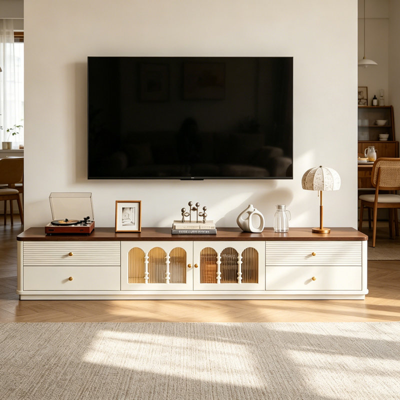 Console de télévision rétro en bois avec beaucoup de rangement, 17.71" H x 94.48" W x 15.74" D, White/Brown