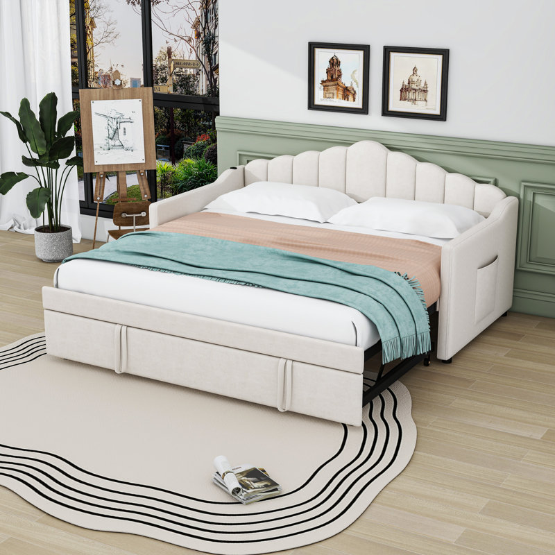 Lit de jour simple rembourré en bois avec couchette simple et ports USB, Beige