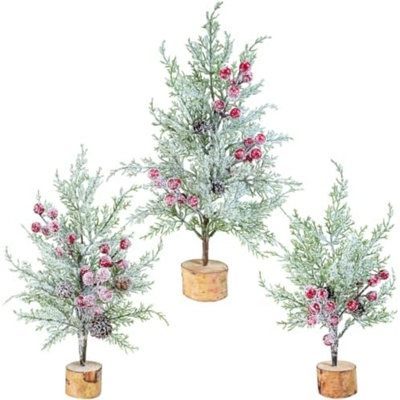 3 Pack Artificial Mini Tabletop Christmas Trees Small Snowy Artificial Cedar Trees with Red Berries and Wood Bases for Farmhouse Winter Home Holiday Table Centerpiece Mantel Decor 3 Sizes