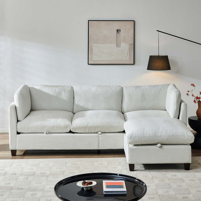 Canapé modulaire en L avec repose-pieds et rangement, Beige