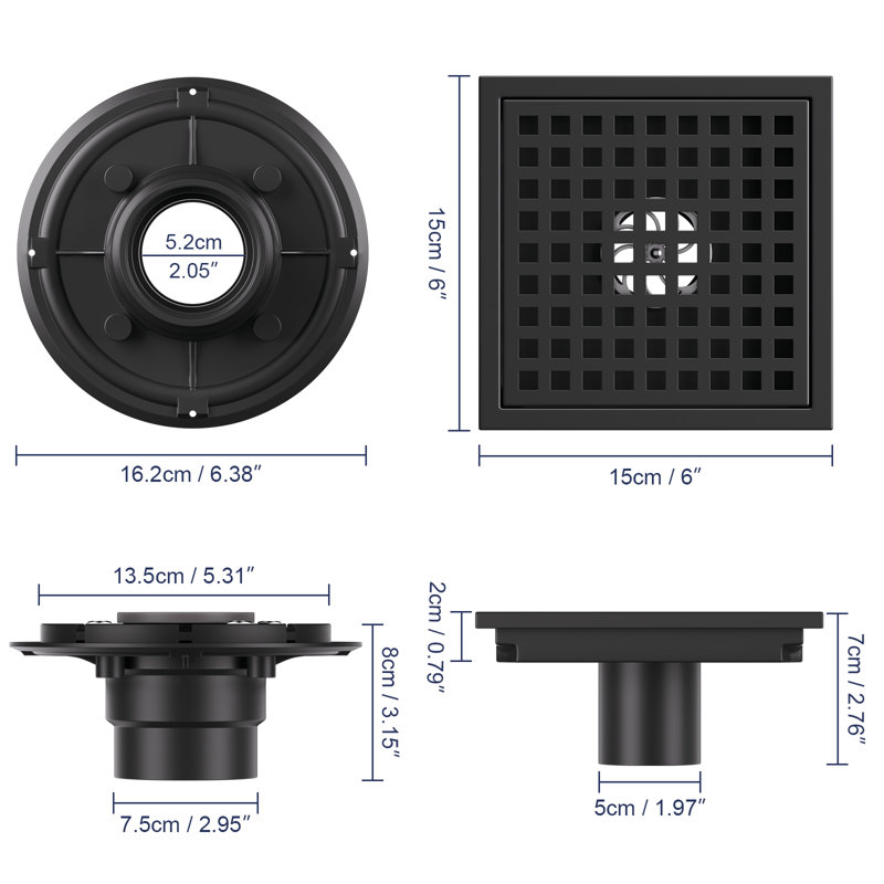 6 Inches Square Shower Drain, Matte Black