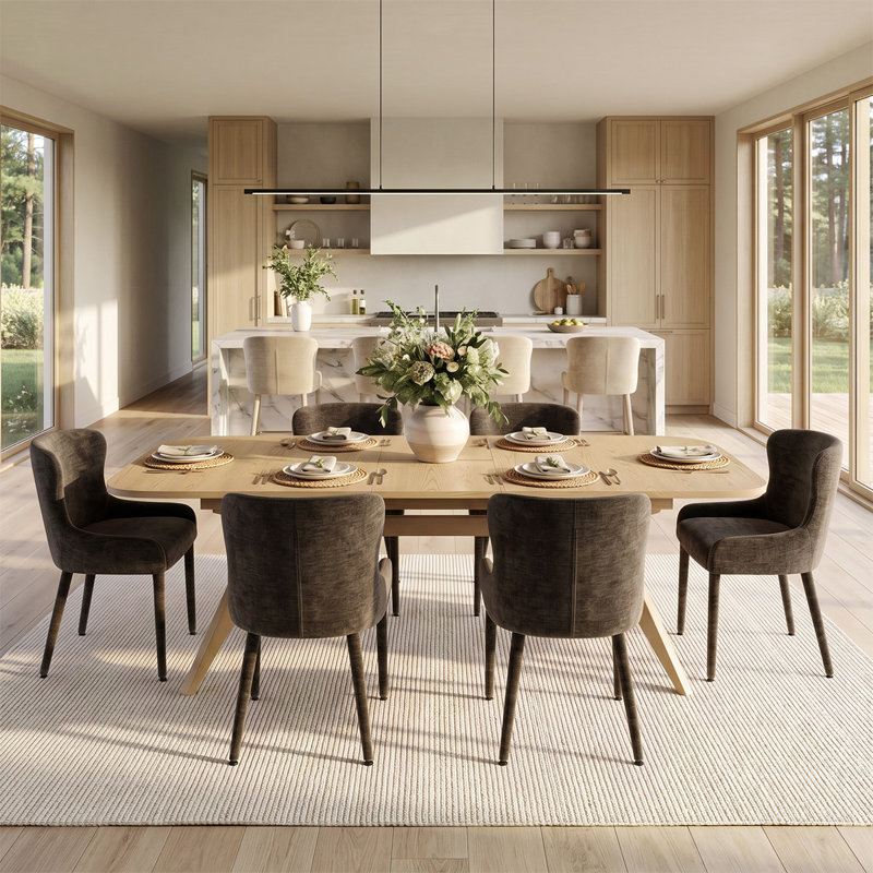 Ensemble de table de salle à manger extensible en placage de bois de 78 à 96 po avec 6 fauteuils à oreilles en chenille, Brun