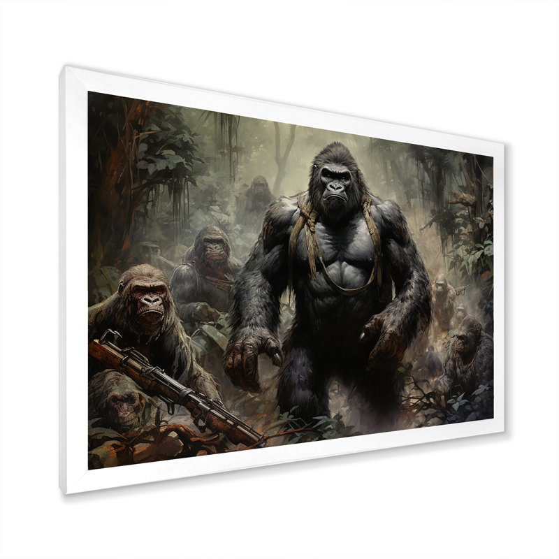 «Gorilla Soldier Jungle Journey», reproduction sur toile, Cadre simple blanc, H 12 po x l 20 po x P 1 po