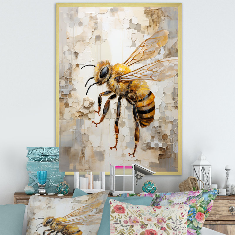 Minimalisme «Buzzing Bee III» sur toile, Encadrement doré, H 32 po x l 16 po x P 1 po