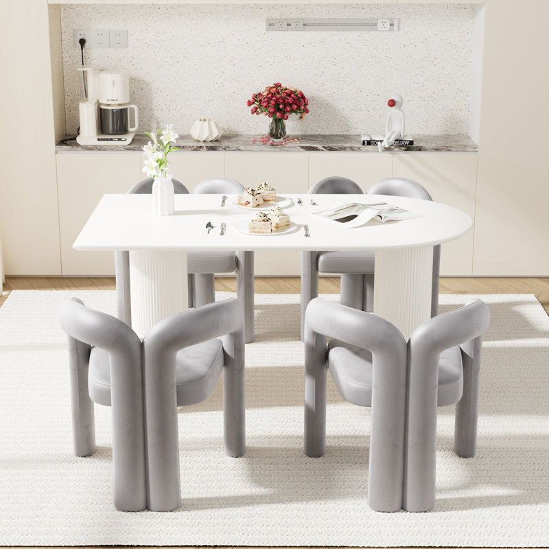 Ensemble de salle à manger à double piédestal avec chaises en velours, Gris