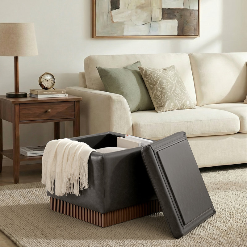 18.5"W Storage Ottoman With 360° Swivel Base Acacia Wood Frame Fully Assembled, Gray