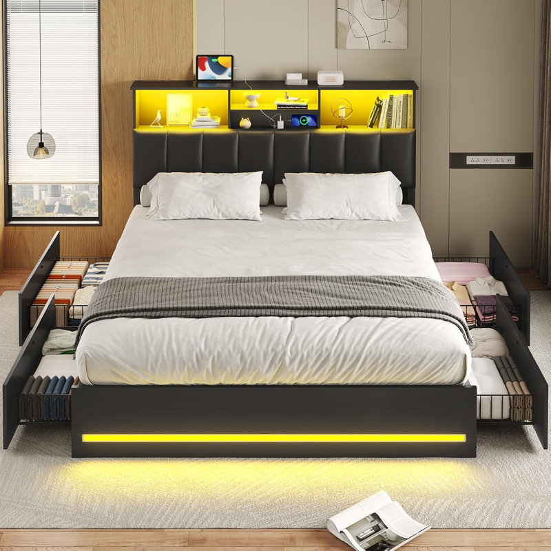 Upholstered Platform Bed Frame Full Size with Charging Station, 4 Drawers and LED Lights, Heavy Duty, No Box Spring Needed