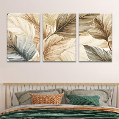 Tableau moderne en toile tendue sur châssis, motif feuilles de plumes beige neutre, en trois parties, pour salon, 30 x 60 cm (12 x 24 pouces).