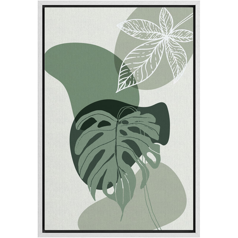 "Signature", reproduction d'art sur toile encadrée, duo de feuilles de la jungle avec cercles oblongs verts, plantes florales, art numérique, art moderne, tropical, coloré, frais pour le salon, la chambre à coucher, le bureau - 16 po x 24 po - blanc
