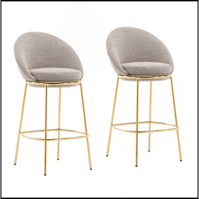 Ensemble de 2 tabourets de bar d'intérieur revêtus de métal, structure plaquée or et revêtement gris mélangé