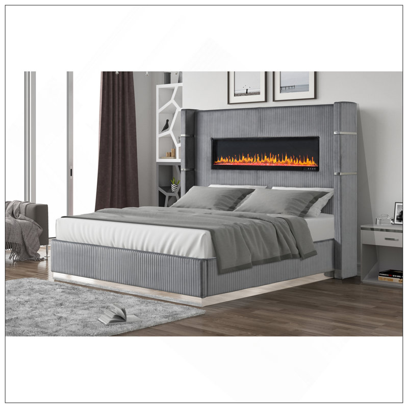 Lit rembourré en bois avec éclairage ambiant, gris, Très grand lit
