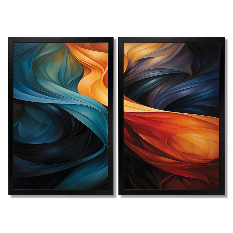 «Retro Blue Orange Liquide Streams - Waves», impression sur toile abstraite sarcelle 2 pièces, H 36 po x l 48 po, Noir