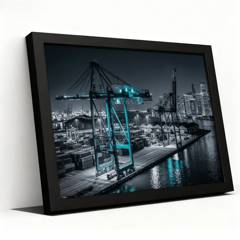 Grues industrielles avec lumières cyan la nuit, tableau sur toile, 12"H x 18"W