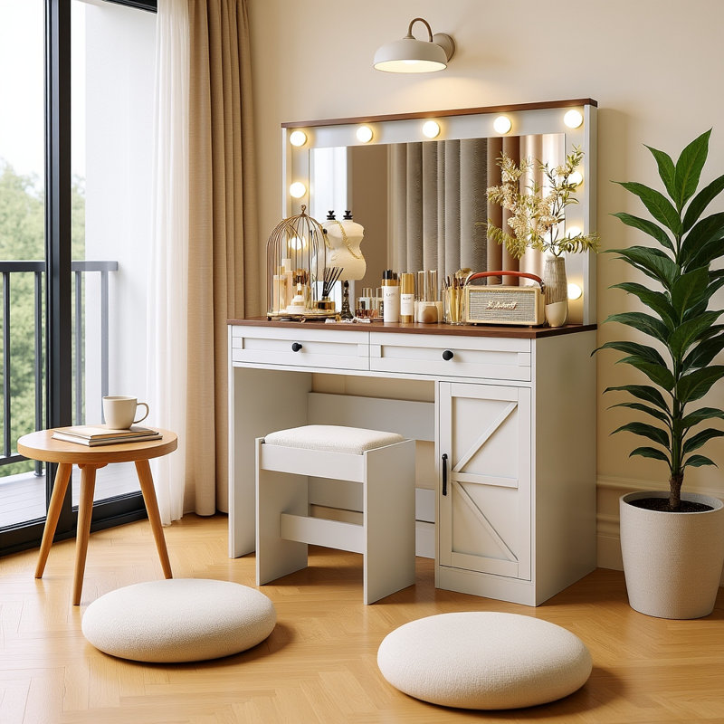 Coiffeuse de maquillage de ferme avec miroir éclairé, 2 tiroirs, rangement pour armoire et tabouret assorti - blanc et bois rustique