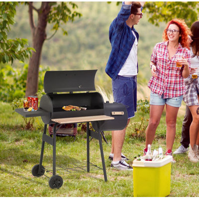 Elevate Your Outdoor Cooking! Portable Steel Charcoal BBQ Grill & Offset Smoker Combo Roll-anywhere Wheels Unleash Smoky Flavors in Your Backyard