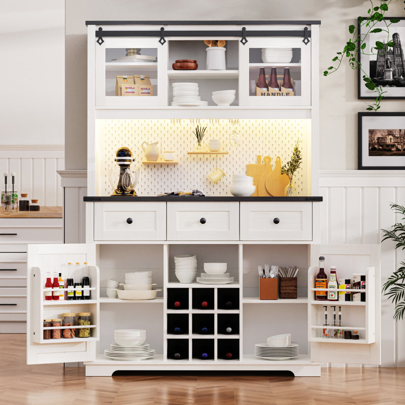 71" Farmhosue Pantry Bar Cabinet With Internal Storage Rack,Kitchen Cabinet With Hutch,Sliding Door,Power Outlet,Pegboard,Wine & Glasses Rack,3 Drawers,Rustic Coffee Bar Storage Cabinet
