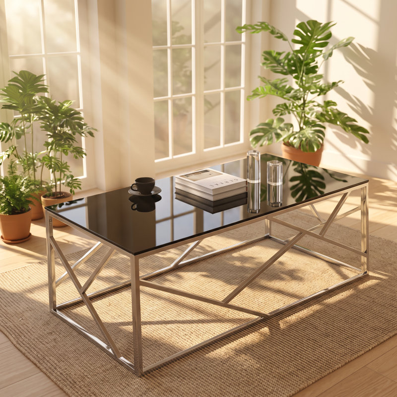 Table basse en acier inoxydable à plateau en verre trempé l 48 po x P 26 po x H 17,5 po